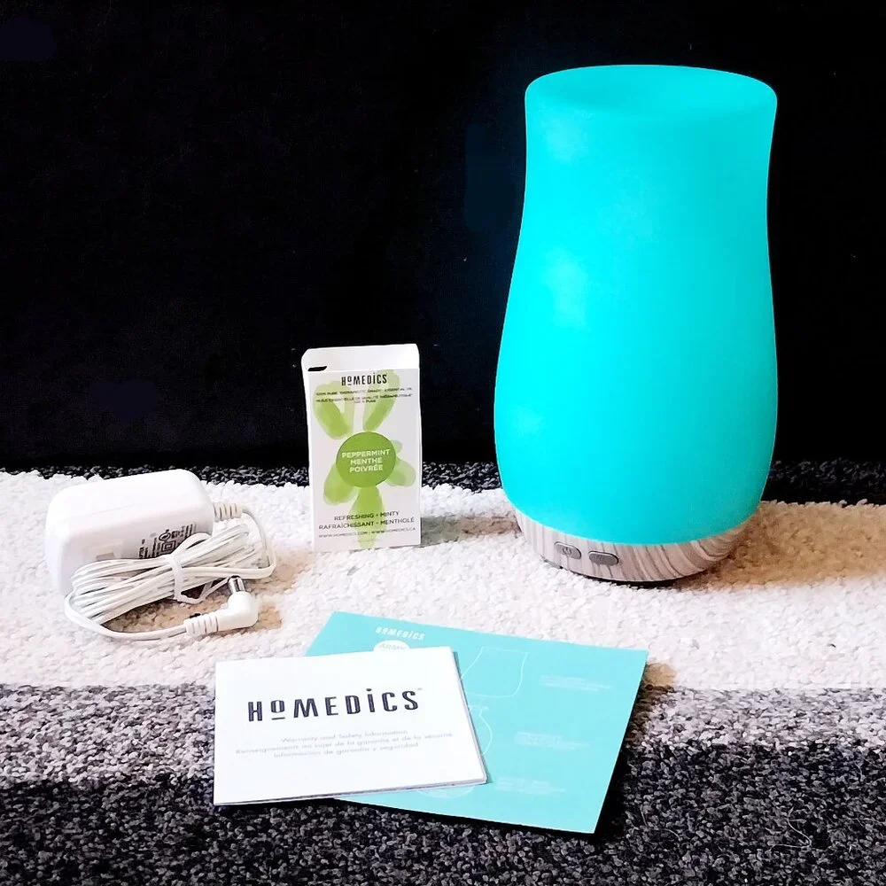 NWT Homedics Ultrasonic Wood Style Bottom Aroma Diffuser-Blue, Midsized
